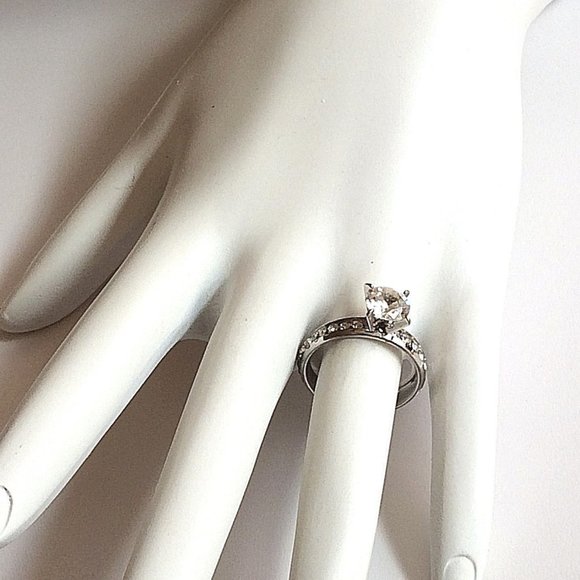 Stainless Steel Cubic Zirconia Engagement Ring Size 6 7 8 9 10 Eternity Silver - Picture 2 of 10